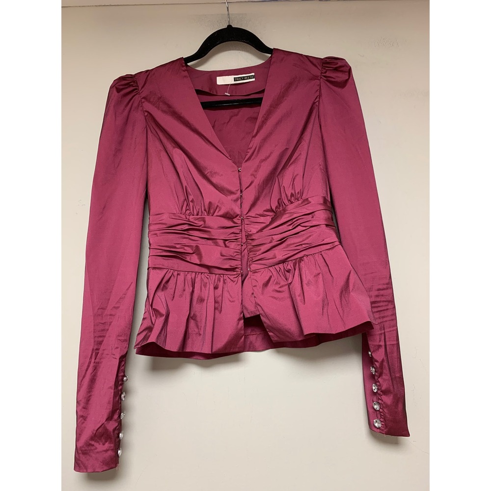 Tracy Reese Peplum‎ Top Womens Small Magenta Excellent Rhinestone Cuff V-Neck